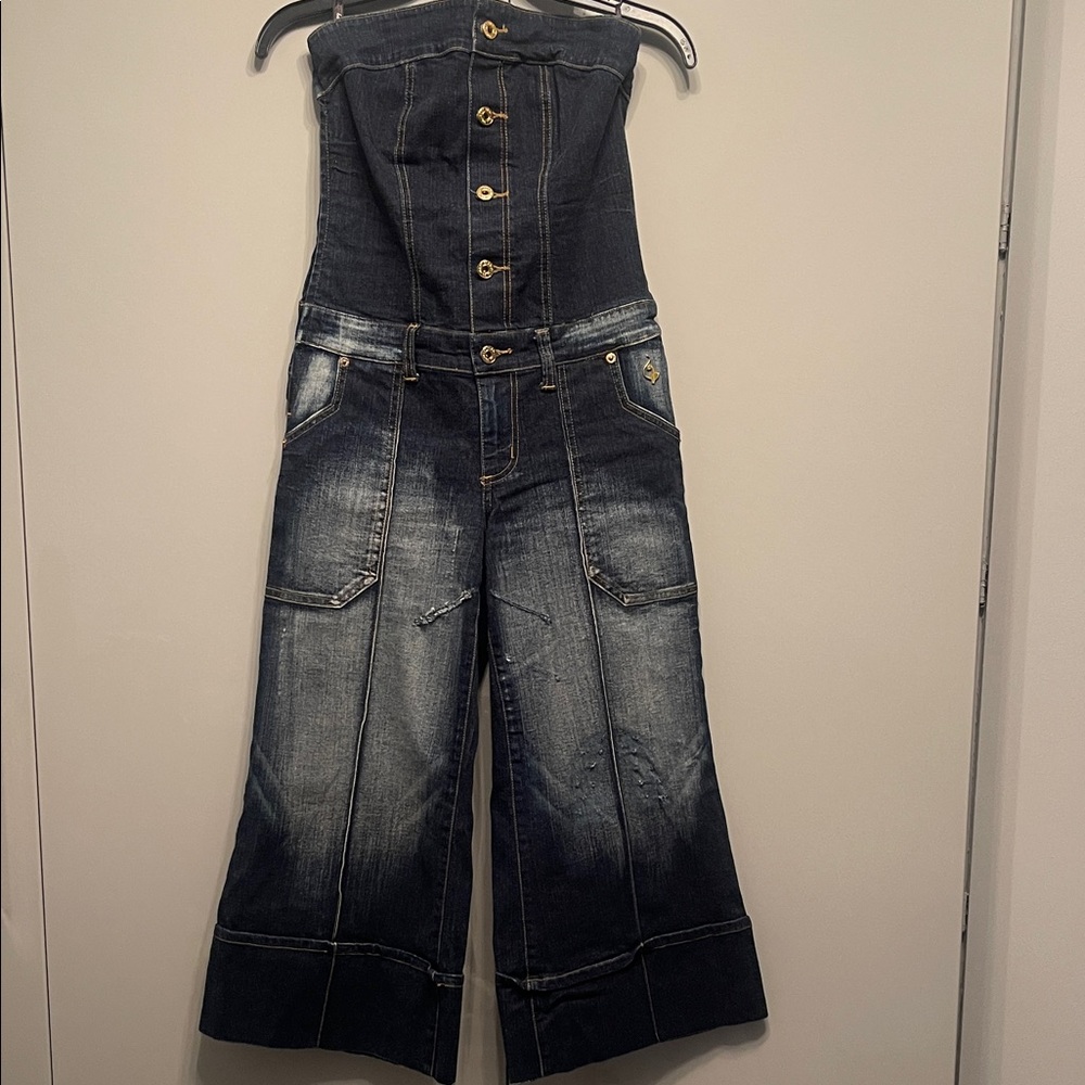 Baby Phat Dark Wash Strapless Wide-Leg Jeans Overalls